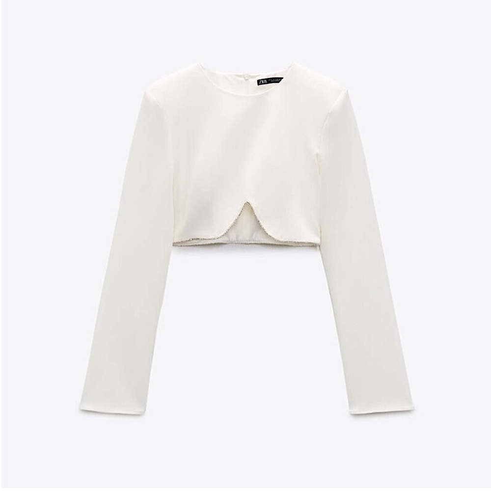 Zara Sparkly Oyster White Long Sleeve Crop Top With Rhinestone Edge